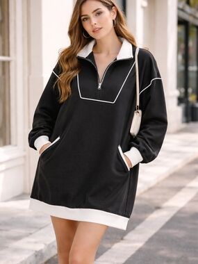 Wenrine Quarter Zip Sweatshirt Dress Oversized Athleisure